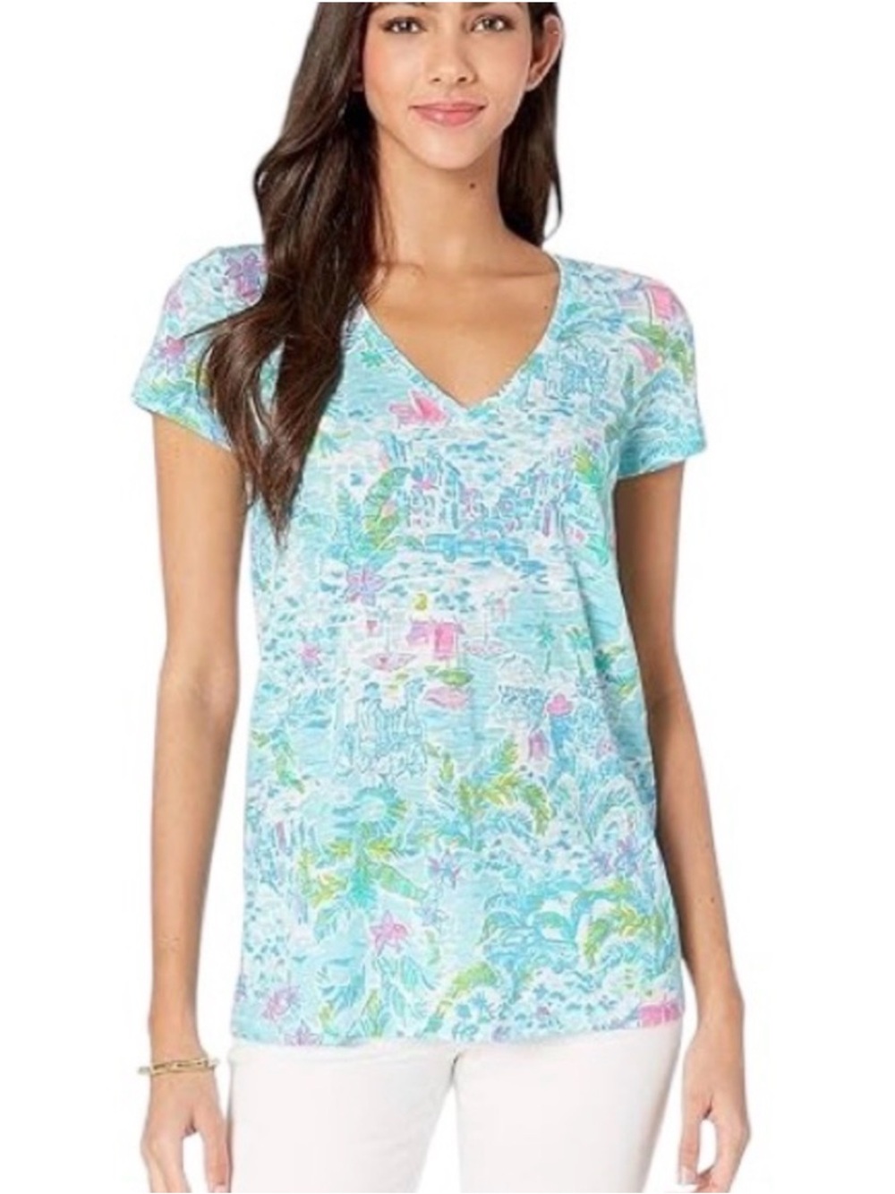 Lilly Pulitzer Light Blue Floral V-Neck Etta Top “What a Lovely Place”.  NWOT